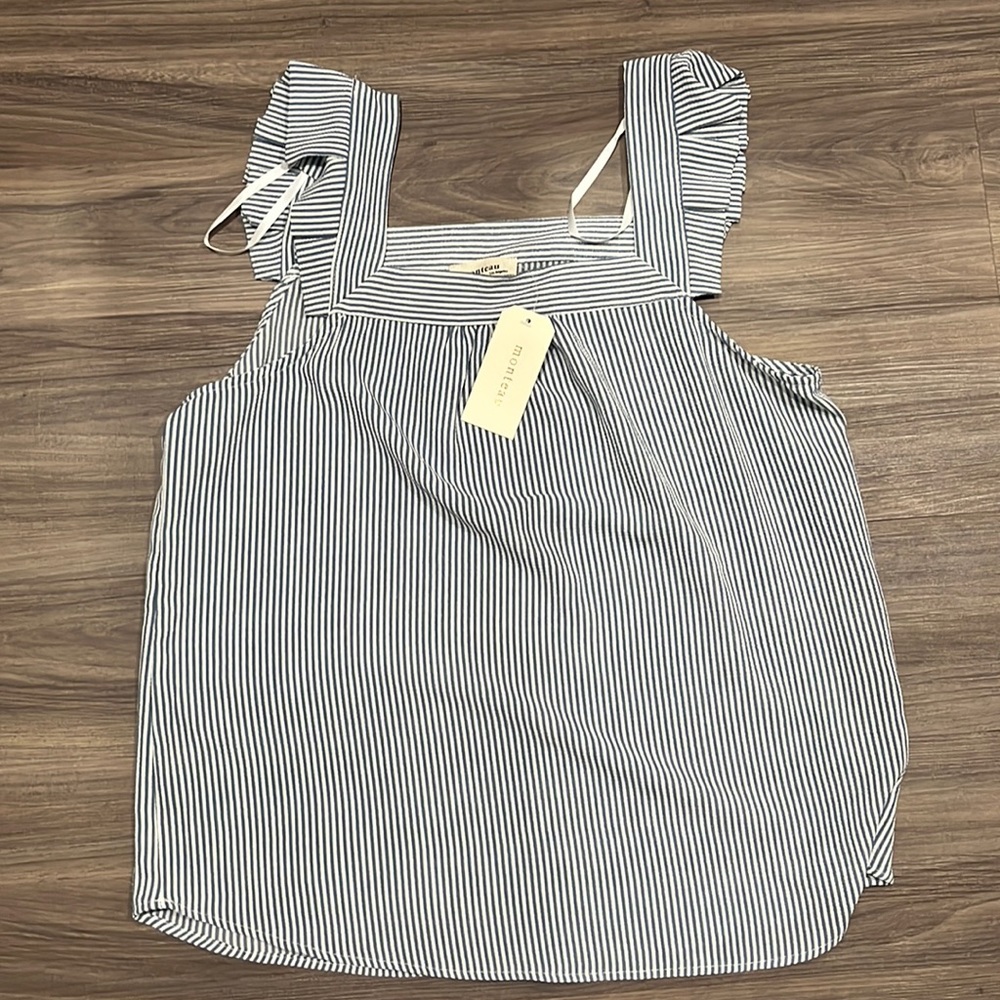 NWT MONTEAU Blue Pinstripe Ruffle Sleeveless Square Neck Tank Blouse